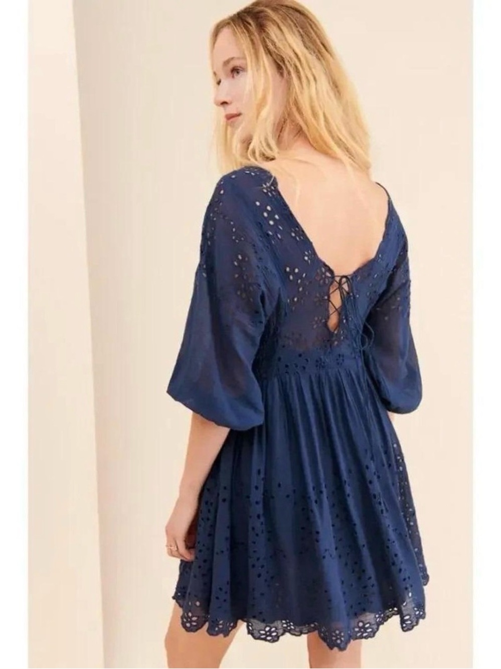 Free People Navy Eyelet Lace-Back Mini Dress